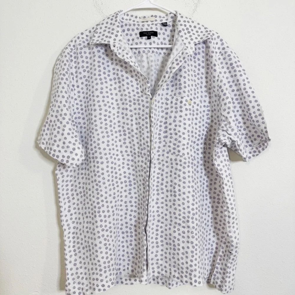 Ted Baker White and Gray linen Polka Dot button down Shirt